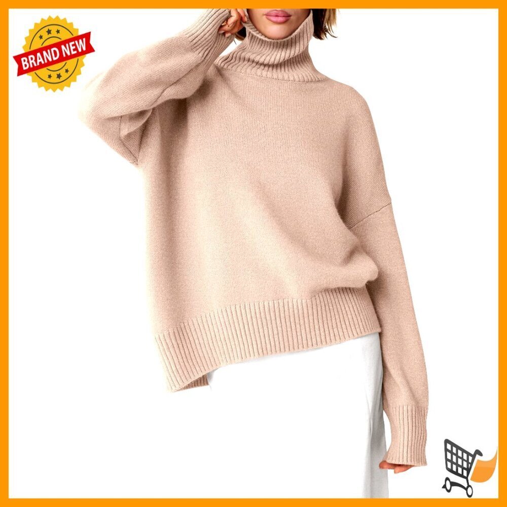 Oversized Chunky Knit Turtleneck Sweater High Low Hem Pullover Top Y2K
